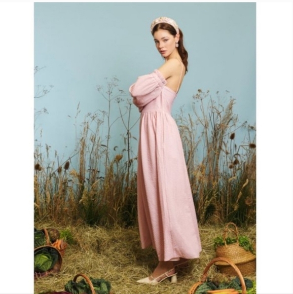 NWT Sister Jane DREAM Off Shoulder Long Puff Sleeve Midi Cami Dress Pink Small - Picture 2 of 13
